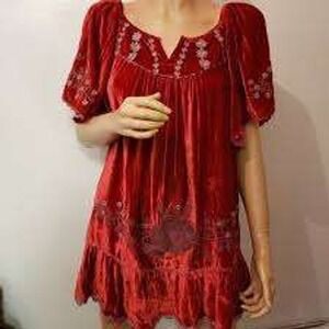 Sundance Womens Cranberry Velvet Embroidered Boho Floral Whimsy Fairy Blouse